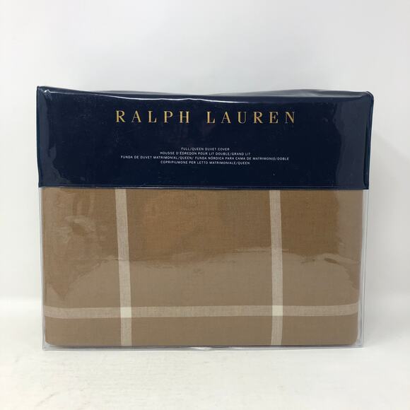 Ralph Lauren Full Queen Modern Equestrian Windowpane Duvet Cover Camel New - Picture 1 of 6